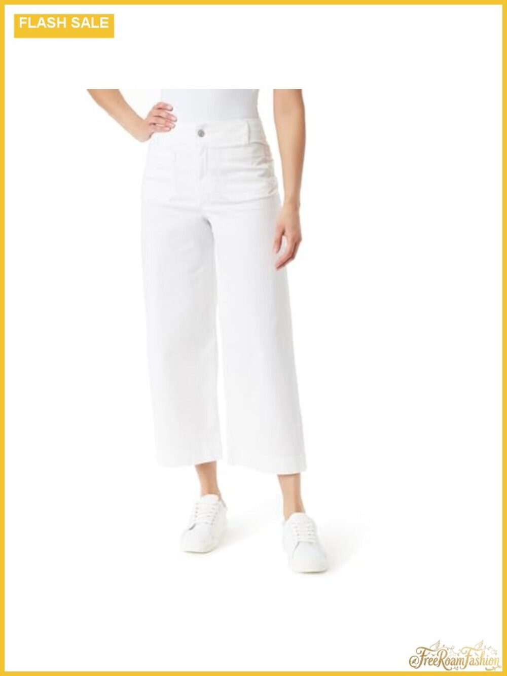 High Rise Wide Leg Crop Pants with Pockets Cotton Spandex Stretch
